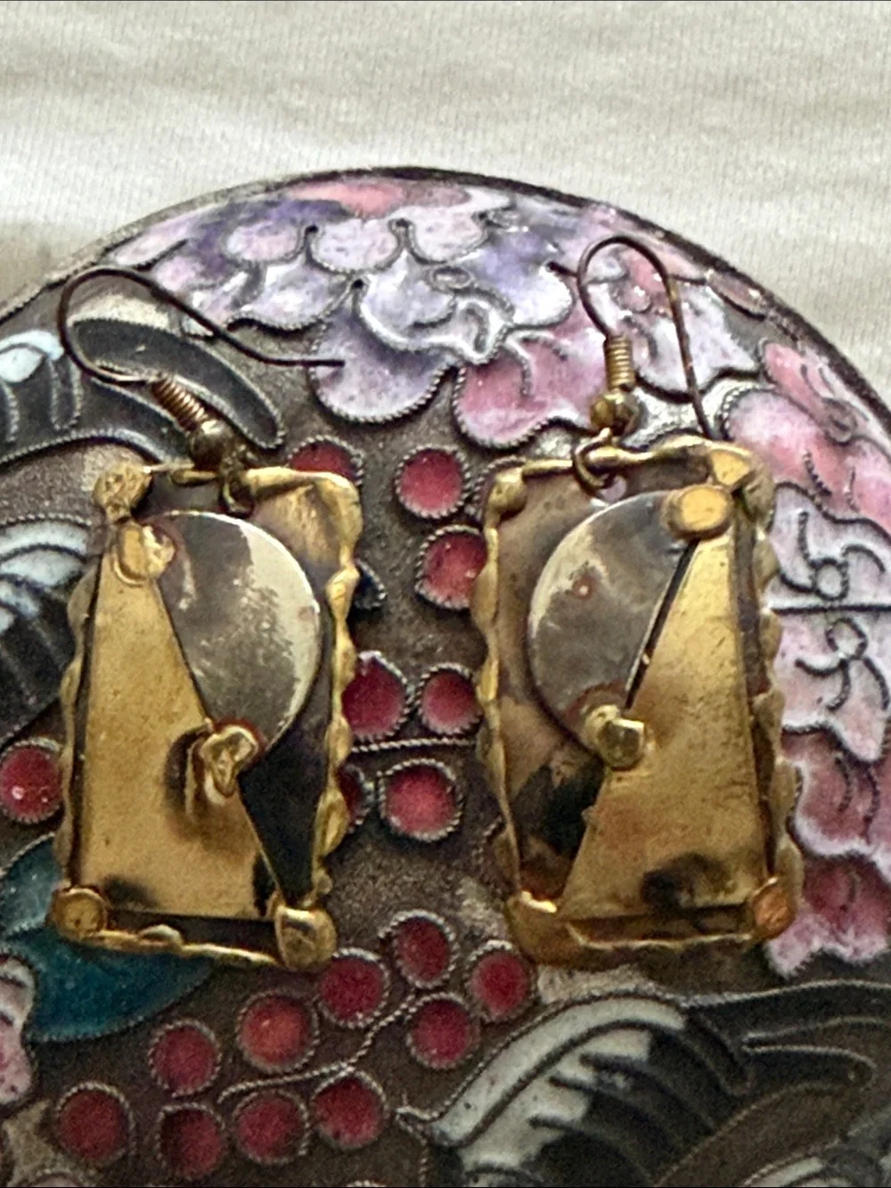 Antique brass and silver artist created Geometric Drop Earrings -pierced